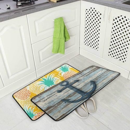Aslsiy Retro Wooden Board Anchor Kitchen Rug Sea Ocean Kitchen Mat Area Rug Marine Nautical Floor Mat Welcome Non Slip Rug for Kitchen Home Decor 39" X 20"