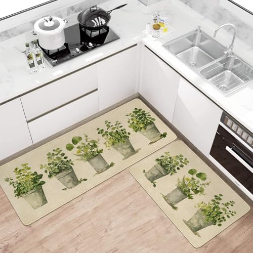 Spring Summer Farmhouse Kitchen Rugs and Mats Set of 2,French Herbs Wildflowers Flowers Floral Plants Non Slip Washable Floor Sink Mats Decorations for Home Kitchen 18"x48"+18"x30"