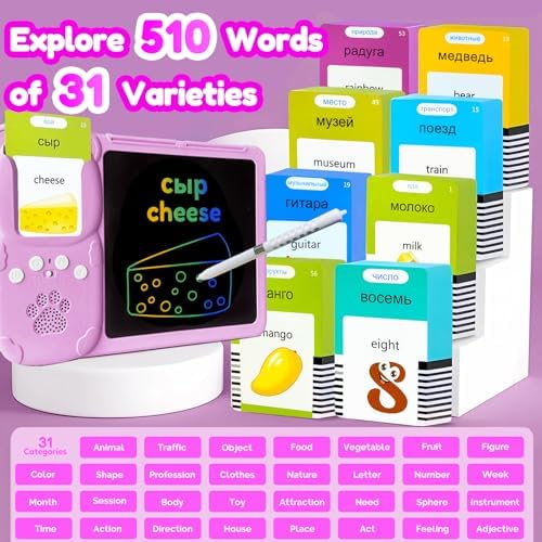 Writing Tablet with Bilingual Flash Cards for Kid, Russian, Pink