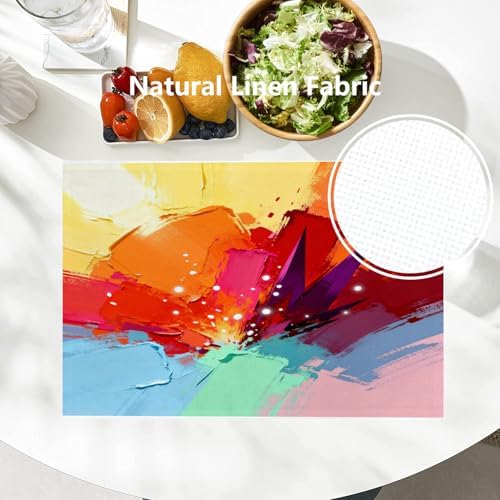 Batmerry Yellow Abstract Oil Painting Linen Placemats Set of 6, Red Contemporary Floral Washable Table Mats for Kitchen Table Thickened Heat Insulation Dining Set Indoor Outdoor 12X18 in