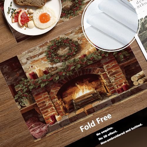 Batmerry Vintage Christmas Placemats, Cozy Fireplace Scene Washable Linen Table Mats for Kitchen Table Double Insulation Decor Dining Set Indoor Outdoor 12X18 in Set of 4
