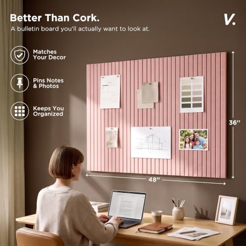 VIVELDA Felt Bulletin Board Tiles 48"x36" - 12-Pack Cork Board Alternative, Oeko-TEX Certified, NRC 0.95 Acoustic Wall Panels, Damage-Free Adhesive, Slatted Design, Home Office & Classroom (Salmon)