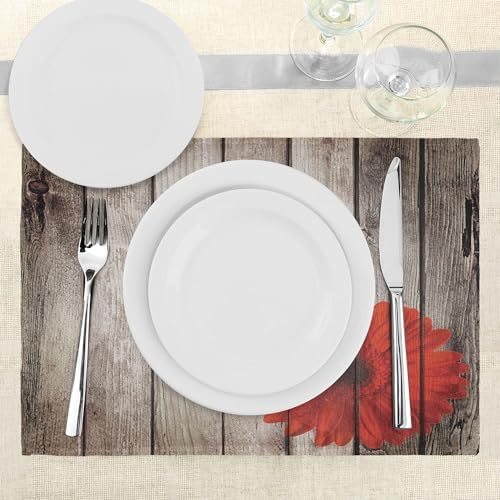 Lunarable Rustic Place Mats Set of 8, Flower Red Dahlia on Foreground of Murky Featured Dated Wooden Board Retro Art Print, Washable Fabric Placemats for Dining Table, Placemat 8 pcs, Brown
