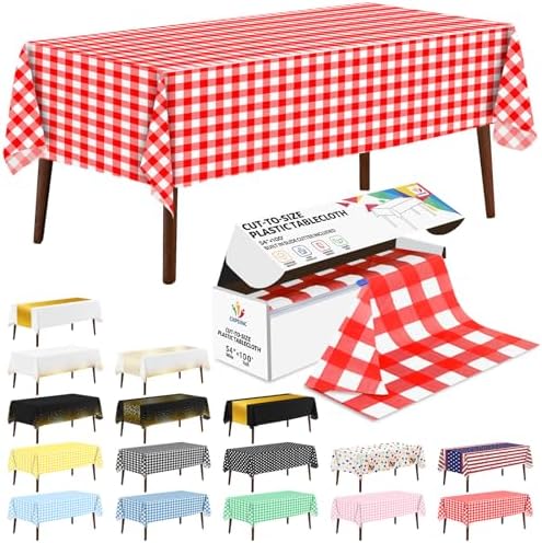 CXPSINC 54 Inch X 100 Feet Plastic Table Cover Roll Disposable Tablecloth with Slide Cutter for All Type/Shape Tables | Party, Banquet, Birthdays, Weddings(Red Checkered, 100 Feet)