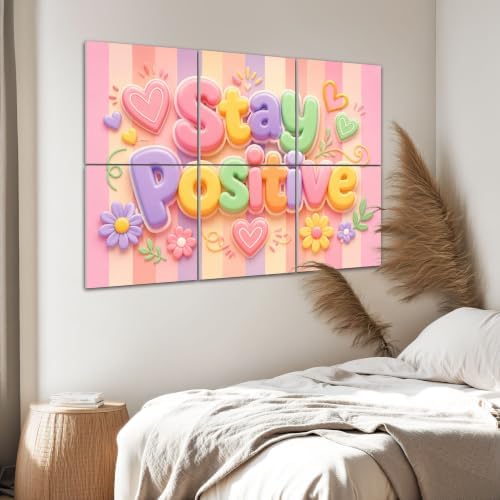 6 Pack Art Acoustic Panels Sound Absorbing Stay Positive Pastel Typography Hearts Flowers Striped Decorative Soundproof Wall Panels Self Adhesive for Home Recording Studios 72"x48"