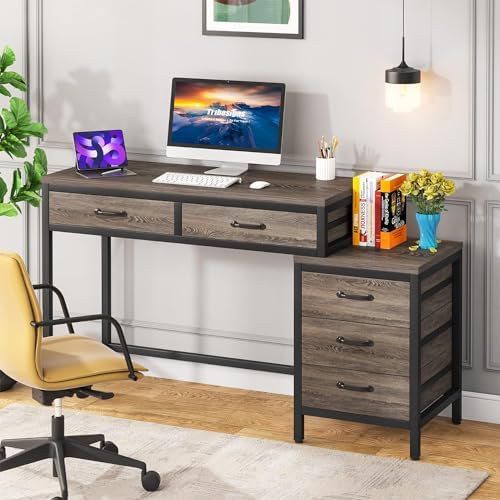 Tribesigns Computer Desk with 5 Drawers, Reversible Home Office Desks