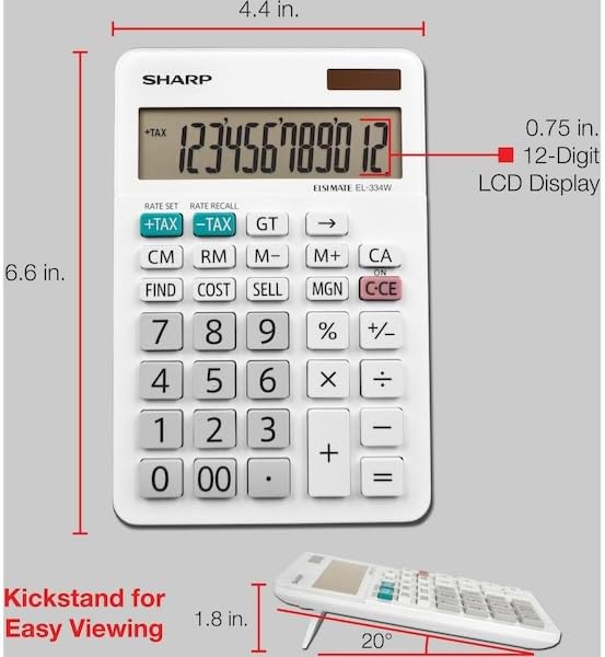 Sharp 12-Digit Dual Power Business Calculator, Extra-Large Fixed LCD Display, White Desktop Business Calculator, 6.6 x 4.4 Inches (EL-334WB)