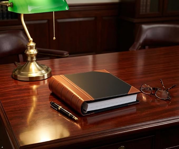 Executive Binder, English Leather 2 Tone with Stitching and Ribbed Spine, Heavy Duty 1.1/2 Inch 3 D-ring with Buster, Holds 350 8.5x 11 Sheets (Black)