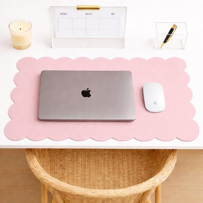 Orelle Pink Scalloped Desk Mat | Vegan Leather Desk Mat for Keyboard and Mouse, Laptop, Makeup Vanity | Computer Desk Pad Mat | Office Desk Cover Mat | Desk Blotter Mat | 30 x 15” | Pink