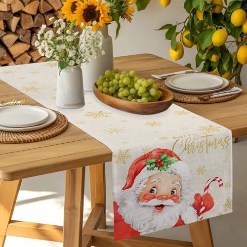 Merry Christmas Table Runner Dresser Scarf 13 x 36 Inch Red Santa Claus Leaf Winter Snowflake Linen Table Runners Non-Slip Heat Resistant Kitchen Dining Table Decor for Home Holidays Indoor Outdoor