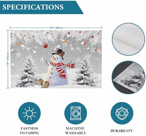 Snowman Placemats Set of 4, Grey Merry Christmas Tree Red Balls Squirrel Heat Resistant Washable Table Place Mats Winter Cotton Table Linens Party Holiday Decor for Kitchen Dining Outdoor Indoor