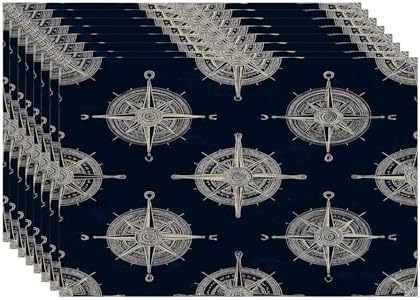 Batmerry Maritime Sailing Linen Placemats Set of 8, Oceanic Nautical Emblem Washable Table Mats for Kitchen Table Thickened Heat Insulation Dining Set Indoor Outdoor 12X18 in
