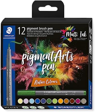 STAEDTLER Pigment Arts Multi Ink Brush Pen, 12 Count: Nature Colors, Fiber-Tip Pens with Brush Nib, Permanent, Waterproof, No Bleed Pens for Journaling, Coloring, Hand Lettering, Mixed Media Art