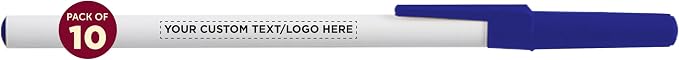 DISCOUNT PROMOS Custom Value Stick Pens Set of 10, Personalized Bulk Pack - Black Ink, Great for Office, School, Business, Tradeshows, Events - Blue