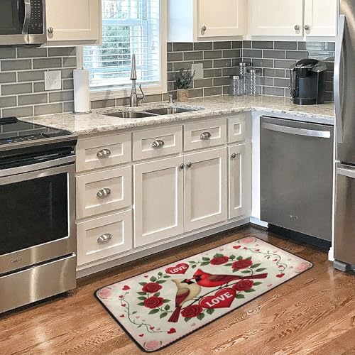Aslsiy Lovely Bird Flower Heart Garland (2) Kitchen Rug Kitchen Mats Valentines Floor Comfort Welcome Washable Non Slip Area Rug for Home Decor 39" X 20"
