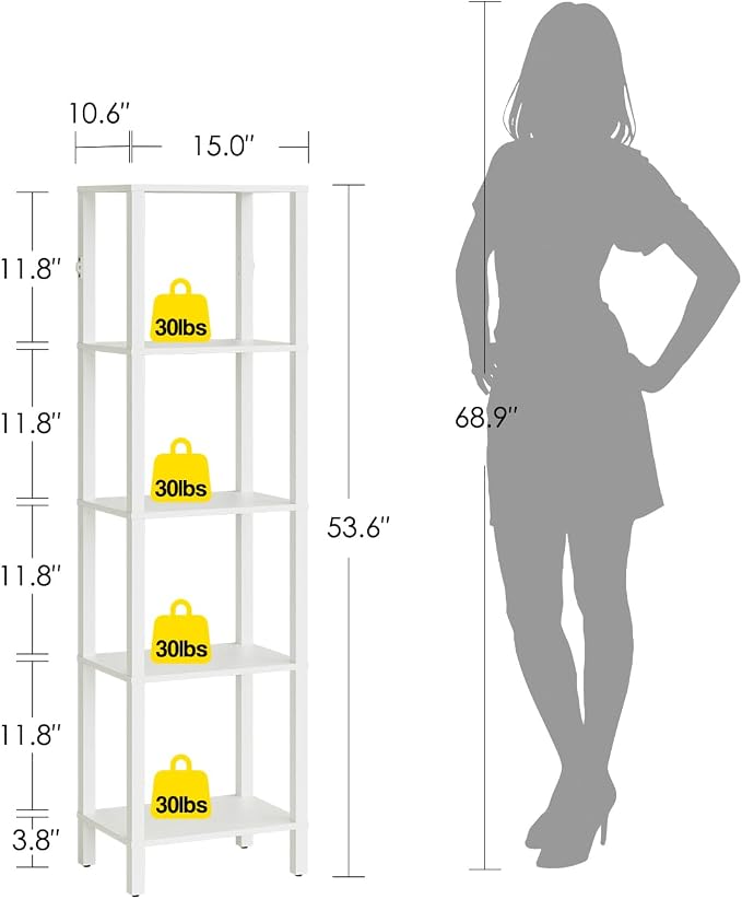 Open Book Shelf, 5 Tier Tall Bookshelf, Freestanding Shelf Narrow Bookcase with Open Shelves, 14.96" x 10.63" x 53.54", Book Shelves for Living Room, Office, Study, White