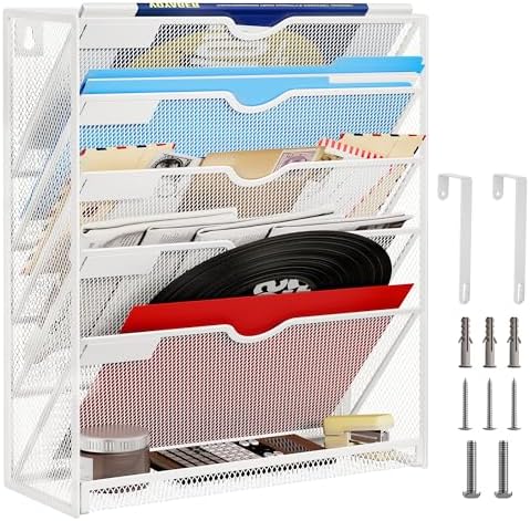 Lavatino 6-Tier Hanging File Organizer with Hooks – No Installation Needed, Wall-Mounted File & Magazine Organizer for Office and Home (White)