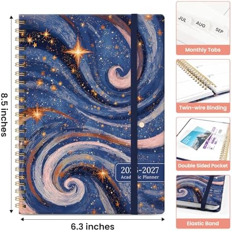 Planner 2026-2027, Monthly & Weekly Jul 2026-Jun 2027 Calendar Book | 6.3" x 8.5", Hardcover Spiral Planner with Tabs, School & Daily Pretty Agenda for Women, Students, Teachers, Stellar Whirl