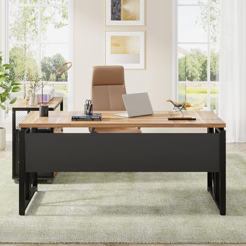 Tribesigns 63" Executive with Drawer Cabinet, L Shaped Desk and Lock lateral File Cabinet, 2 Piece Home Office Furniture Set with Drawers for Hanging File, (Brown, 63 inches)