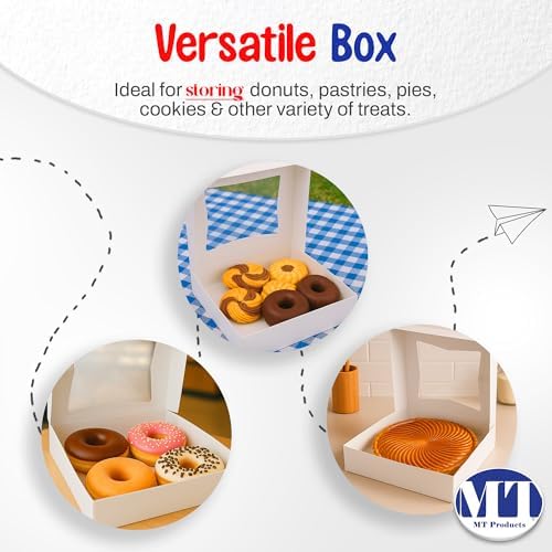 MT Products White Cookie Boxes - Size of 8" x 8" x 2.5" - (5 Pieces) Auto Pop-Up Bakery Boxes with Window - Made in the USA