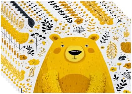 Batmerry Cute The Bear in Mineral Yellow Placemats, Floral Background Washable Linen Table Mats for Kitchen Table Double Insulation Decor Dining Set Indoor Outdoor 12X18 in Set of 8