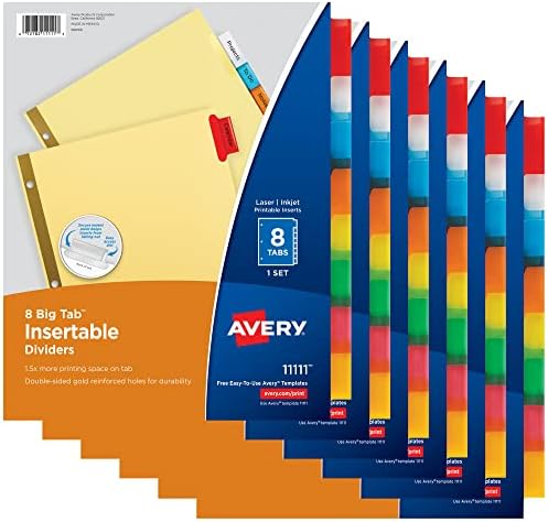 Avery 8-Tab Binder Dividers for School,Medical Office Supply,or Home Organization,Insertable Multicolor Big Tabs,Sets (11111),(Pack of 48)