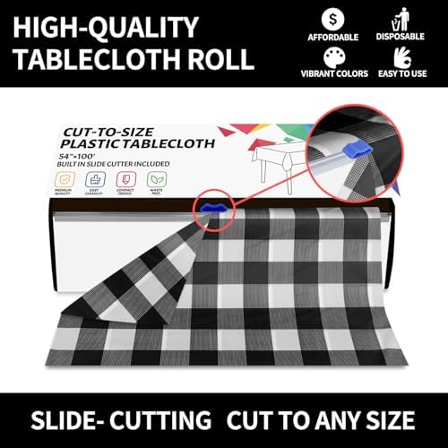 CXPSINC 54 Inch X 100 Feet Plastic Table Cover Roll Disposable Tablecloth with Slide Cutter for All Type/Shape Tables | Party, Banquet, Birthdays, Weddings(Black Checkered, 100 Feet)