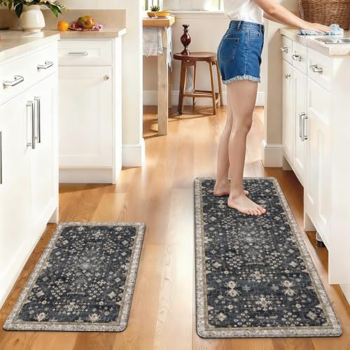 Boho Cushioned Anti Fatigue Mats for Kitchen Floor,Modern Farmhouse Charcoal Floral Non-Slip Water Resistant Runner Comfort Foam Standing Rugs Non Skid for Home Sink,Office,Laundry 17"x47"+17"x30"
