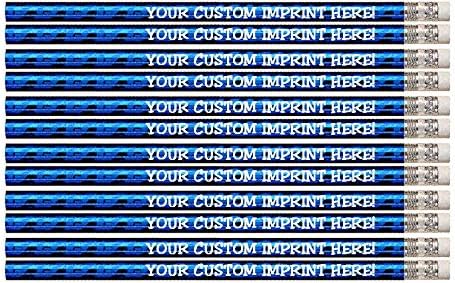 Express Pencils™ Personalized Pencils - Round - Glitz & Glitter Foil Theme - Full Color Print w/your name, message, text or logo - Includes Personalization - Great gift ideas - 12/Set (BLUE PRISM)