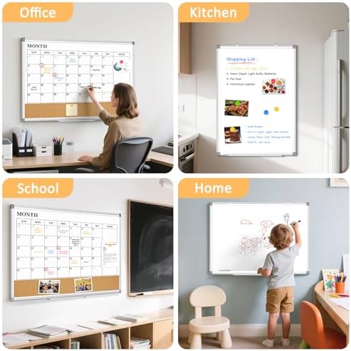 Monthly Dry Erase Calendar Whiteboard with Corkboard, 36" x 24", Silver