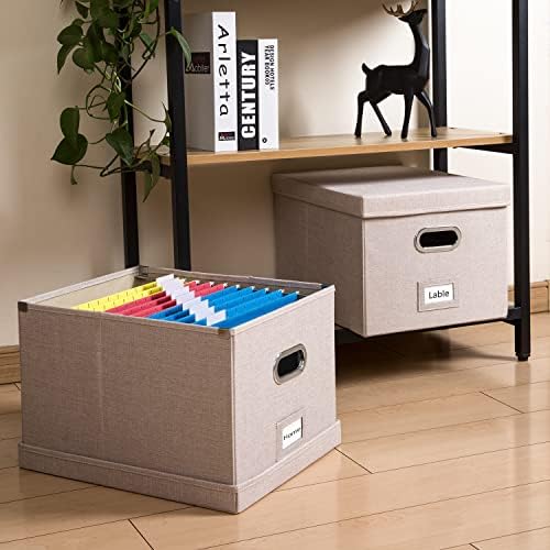PRANDOM File Organizer Box - Set of 4 Collapsible Decorative Linen Filing Storage Hanging File Folders with Lids Office Cabinet Letter/Legal Size Light Grey (17x14x11.2 inch)