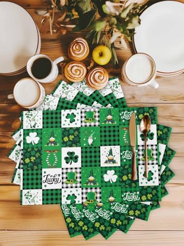 St Patrick's Day Placemats Set of 6,Lucky Shamrock Clover Gnomes Cotton Linen Heat Resistant Table Mats Green Black White Buffalo Gingham Plaid Washable Spring Holidays Decorations For Kitchen Dining