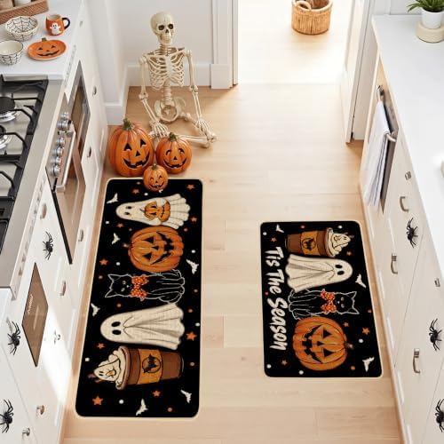 Baccessor Halloween Ghost Kitchen Rugs Set of 2,Tis The Season Spooky Pumpkin Black Cat Mat Rug Indoor Outdoor Low-Profile Non Slip Absorbent Floor Mats for Home Holiday Decor 17x29 and 17x47 Inch
