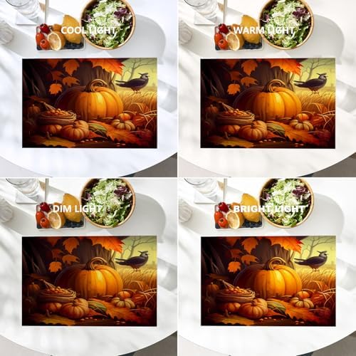 Batmerry Happy Thanksgiving Day Linen Placemats Set of 4, Pumpkin Harvest Turkey Rice Fields Washable Table Mats for Kitchen Table Thickened Heat Insulation Dining Set Indoor Outdoor 12X18 in