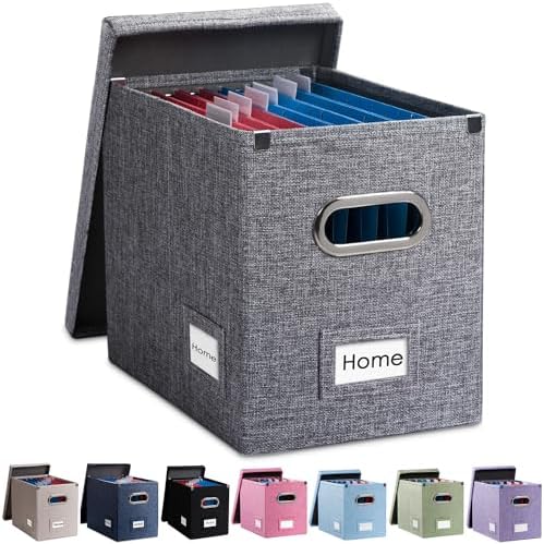 PRANDOM File Organizer Box - Set of 1 Collapsible Decorative Linen Filing Storage Hanging File Folders with Lids Office Cabinet Letter Size Grey (14x9.3x10.8 inch)
