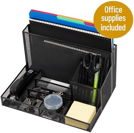 Mind Reader Desktop Organizer with Office Supplies Included, Vertical File, Storage, Metal, 12.5"L x 9"W x 7.25"H, Black