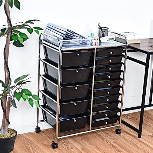 COSTWAY 15 Drawer Rolling Storage Cart, Mobile Utility Cart with Lockable Wheels, Drawers, Multipurpose Organizer Cart for Home, Office, School, Black