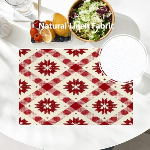 Batmerry Buffalo Check Snowflakes Linen Placemats Set of 4, Christmas Red Ivory Pattern Washable Table Mats for Kitchen Table Thickened Heat Insulation Dining Set Indoor Outdoor 12X18 in