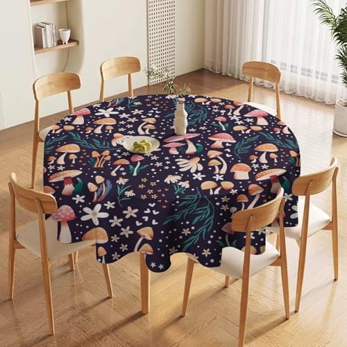 Retro Mushroom Tablecloth, Cartoon Forest Mushroom Florals Leaves Woodland Garden Table Cloth for Kitchen Dining Coffee Table Outdoor Party Decor, 70x70in