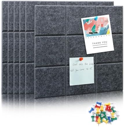 6 Packs Deep Grey Cork Board Felt Board Tiles, Bulletin Board 12"X12" with 30 Push Pins, Felt Board for Home Kitchen Office Decor, Self-Adhesive Corkboard Tiles for Walls School Message Display Board