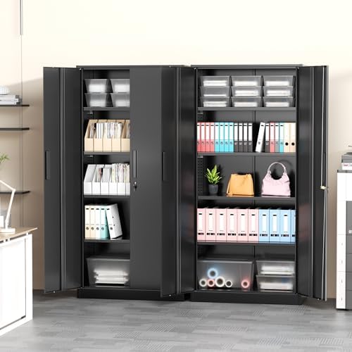 Greenvelly Storage Cabinet, 72” Black Garage Steel Locking Cabinet with Doors and 4 Adjustable Shelves, Tall Lockable File &Tool Cabinet for Home Office, Metal Classroom Cabinet Basement