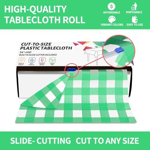 CXPSINC 54 Inch X 100 Feet Plastic Table Cover Roll Disposable Tablecloth with Slide Cutter for All Type/Shape Tables | Party, Banquet, Birthdays, Weddings(Green Checkered, 100 Feet)