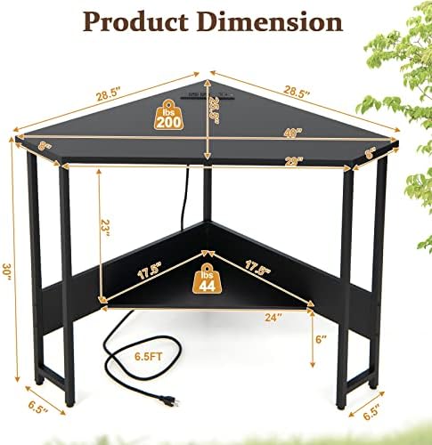 COSTWAY Corner Computer Desk, with USB Ports & Power Outlet, Storage Shelf for Small Space, Triangle Steel Frame Corner Desk for Home Office, Workstation (Black)