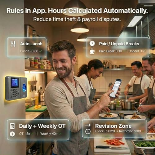 App-Controlled Time Clock with 5s Fast Connection, Edit Records, Set Rules & Run 4 Reports, No Monthly Fee, Fingerprint Time Clock for Employees Small Business, 10 IC Cards