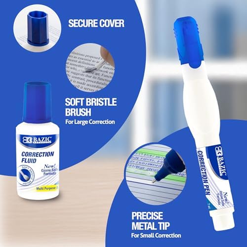 BAZIC PRODUCTS Correction Pen & Fluid Set, Metal Tip, White, 24-Box