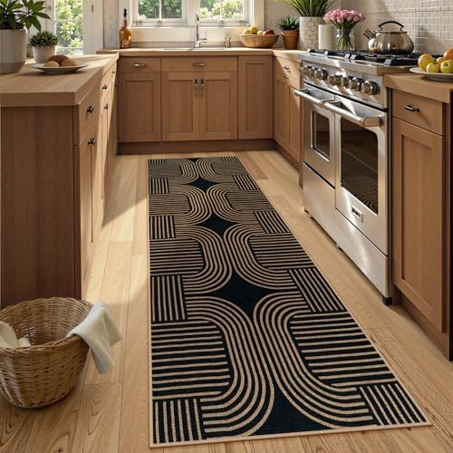 Lahome Modern Geometric Black Runner Rug, 2x8 Indoor Outdoor Hallway Runner
