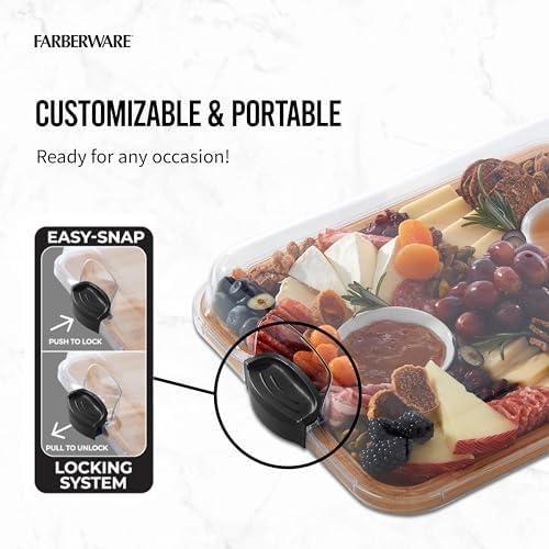 Farberware Bamboo Cutting Board with Clear Locking Lid, 11x14 Inch Charcuterie Board with Handles - Reversible Serving Board for Cheese, Meats, Snacks and More
