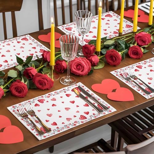Valentine's Day Placemats Set of 4, Red Love Heart Place Mats Washable Dining Table Mats Wedding Anniversary Party Valentines Decor for Kitchen&Linens Outdoor Indoor, Romantic Pink White