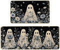 Baccessor Halloween Ghost Kitchen Rugs Set of 2,Spooky Blue and White Pumpkin Black Mat Rug Indoor Outdoor Low-Profile Non Slip Absorbent Floor Mats for Home Party Holiday Decor 17x29 and 17x47 Inch