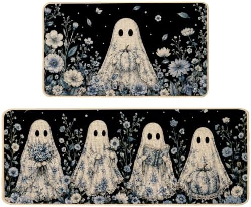 Baccessor Halloween Ghost Kitchen Rugs Set of 2,Spooky Blue and White Pumpkin Black Mat Rug Indoor Outdoor Low-Profile Non Slip Absorbent Floor Mats for Home Party Holiday Decor 17x29 and 17x47 Inch